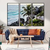 94669907-MGV-CV-36X24-Tropical Coastline Wall Art Canvas Print, Framed Palm Tree Art Picture Print, Rocky Beach Perfect Tropical Coastal Decor Artwork