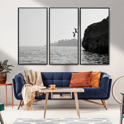 52284302-MGV-FC-48X32-3P_Black-Cliff Jumping Wall Art Canvas Print, Framed Ocean Adventure Art Picture Print, Black White Coast Perfect Modern Coastal Decor