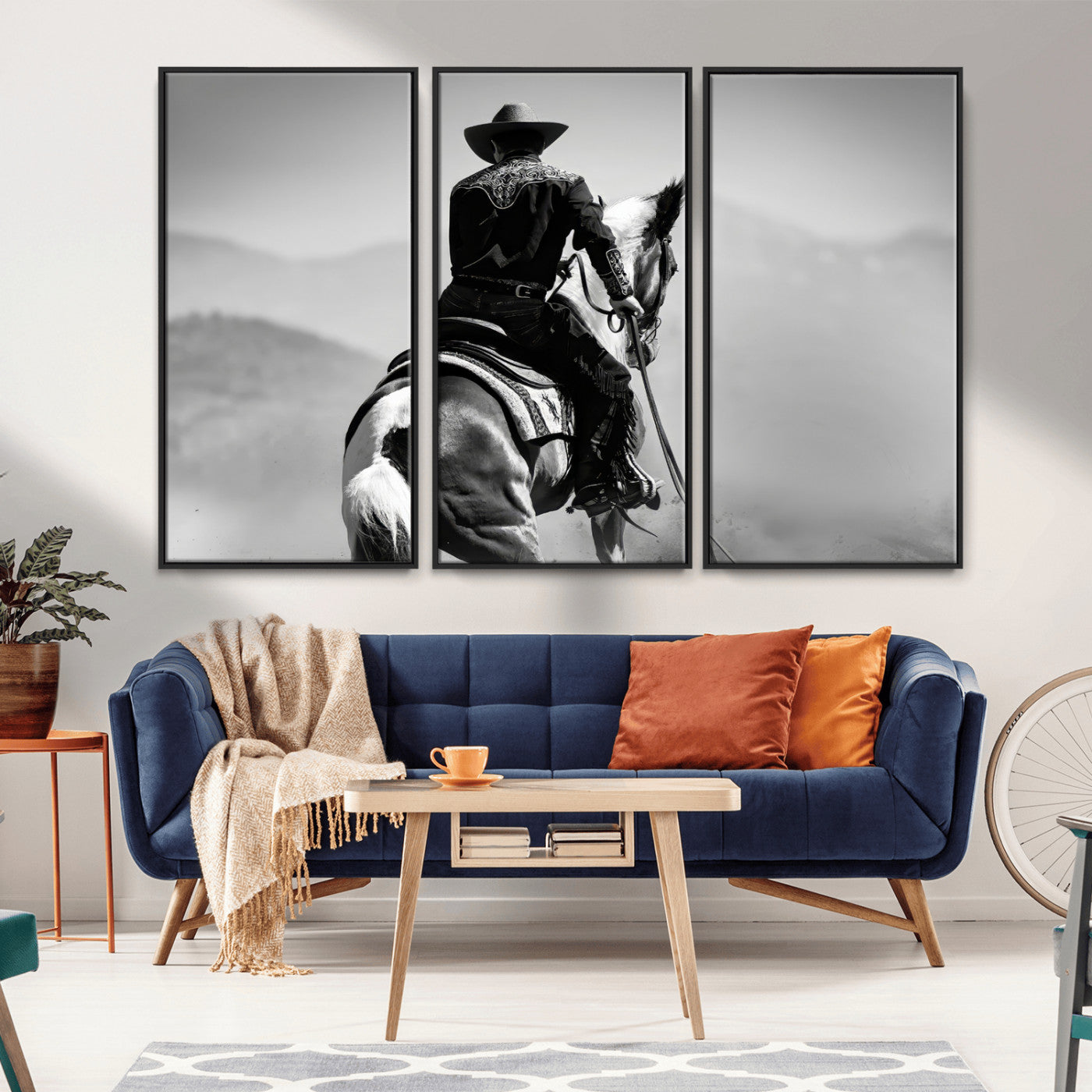 83102464-MGV-CV-36X24-Western Cowboy Wall Art Canvas Print, Framed Monochrome Horse Art Picture Print, Western Equestrian Perfect Rustic Western Decor