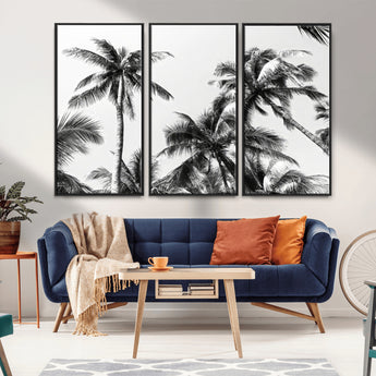 46641801-MGV-FC-48X32-3P_Black-Palm Tree Wall Art Canvas Print, Framed Black White Tropics Art Picture Print, Monochrome Palms Perfect Modern Tropical Minimalist