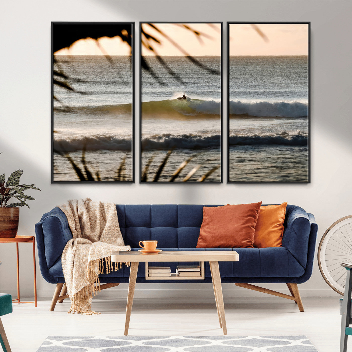 24896468-MGV-CV-36X24-Sunset Surf Wall Art Canvas Print, Framed Golden Waves Art Picture Print, Tropical Ocean Perfect Tropical Boho Decor Artwork