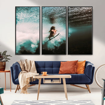 85923512-MGV-FC-48X32-3P_Black-Aquatic Motion Wall Art Canvas Print, Framed Underwater Swimming Art Picture Print, Female Surfer Diving Perfect Coastal Boho