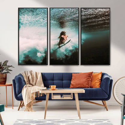 85923512-MGV-CV-36X24-Aquatic Motion Wall Art Canvas Print, Framed Underwater Swimming Art Picture Print, Female Surfer Diving Perfect Coastal Boho