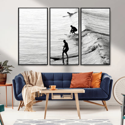 19875284-MGV-FC-48X32-3P_Black-Surfer Waves Wall Art Canvas Print, Framed Black White Surf Art Picture Print, Monochrome Ocean Perfect Modern Coastal Decor