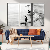 19875284-MGV-CV-36X24-Surfer Waves Wall Art Canvas Print, Framed Black White Surf Art Picture Print, Monochrome Ocean Perfect Modern Coastal Decor