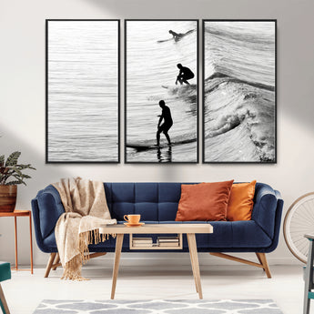 19875284-MGV-CV-36X24-Surfer Waves Wall Art Canvas Print, Framed Black White Surf Art Picture Print, Monochrome Ocean Perfect Modern Coastal Decor