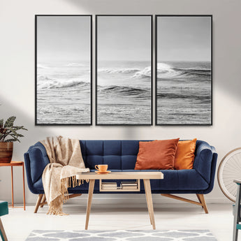 98634812-MGV-CV-36X24-Black and White Ocean Waves Wall Art – Minimalist Sea Canvas Print, Coastal Photography Decor for Living Room, Bedroom or Office