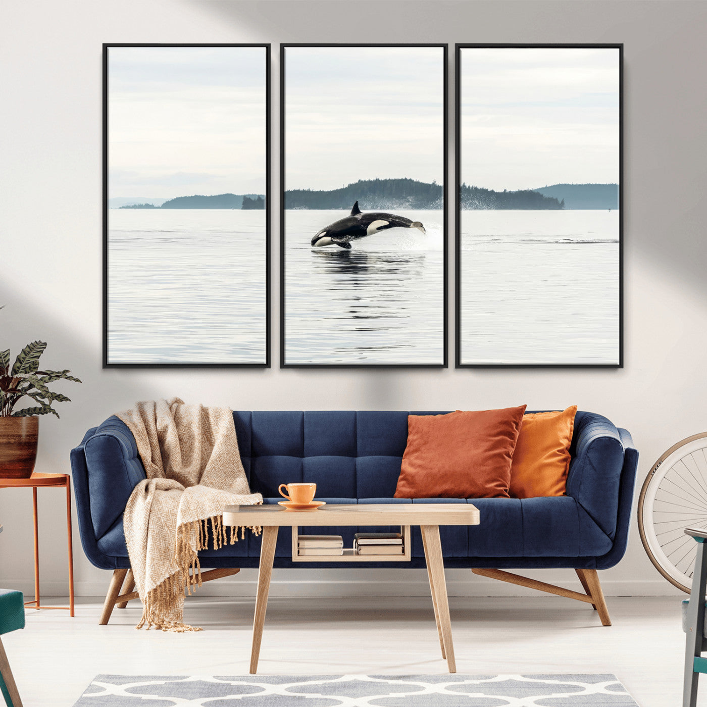 10157174-MGV-FC-48X32-3P_Black-Orca Whale Wall Art Canvas Print, Framed Black White Whale Art Picture Print, Minimalist Ocean Perfect Coastal Minimalist Decor
