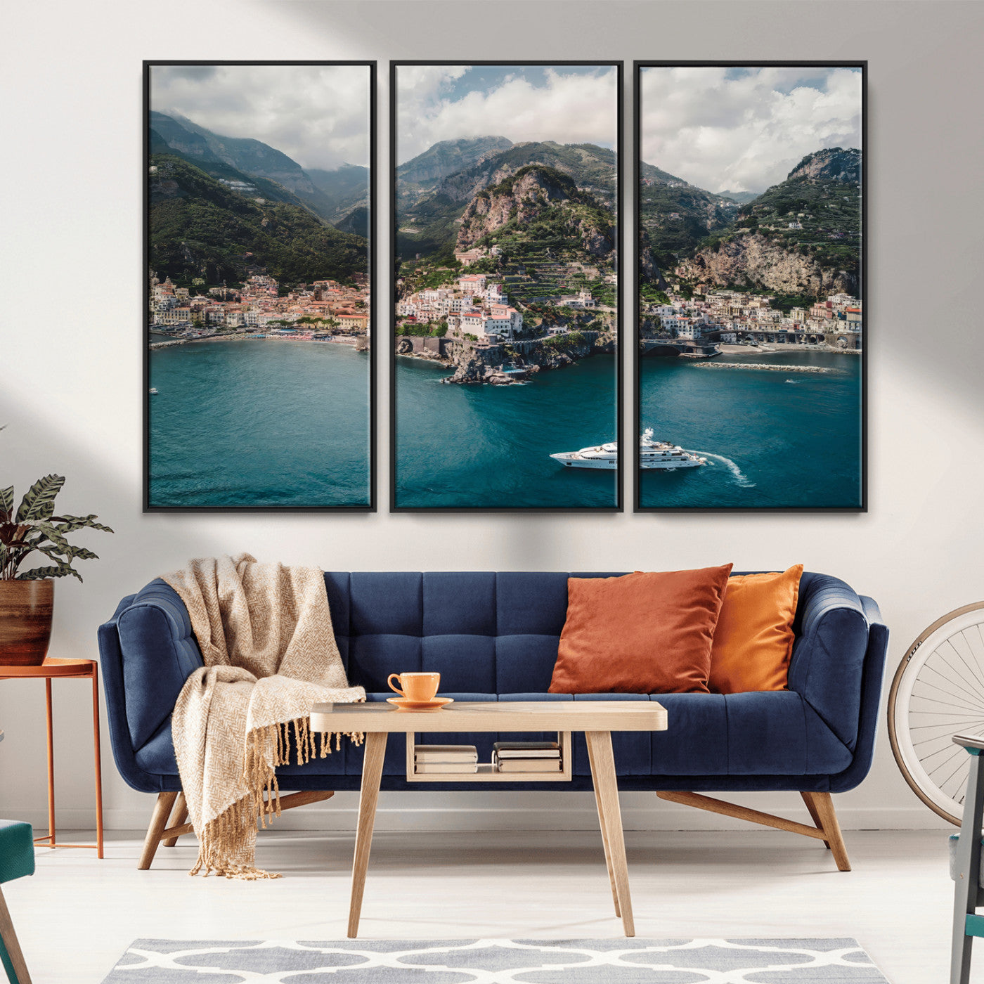 20321590-MGV-FC-48X32-3P_Black-Amalfi Coast Wall Art Canvas Print, Framed Italy Travel Art Picture Print, Mediterranean Landscape Perfect Mediterranean Coastal
