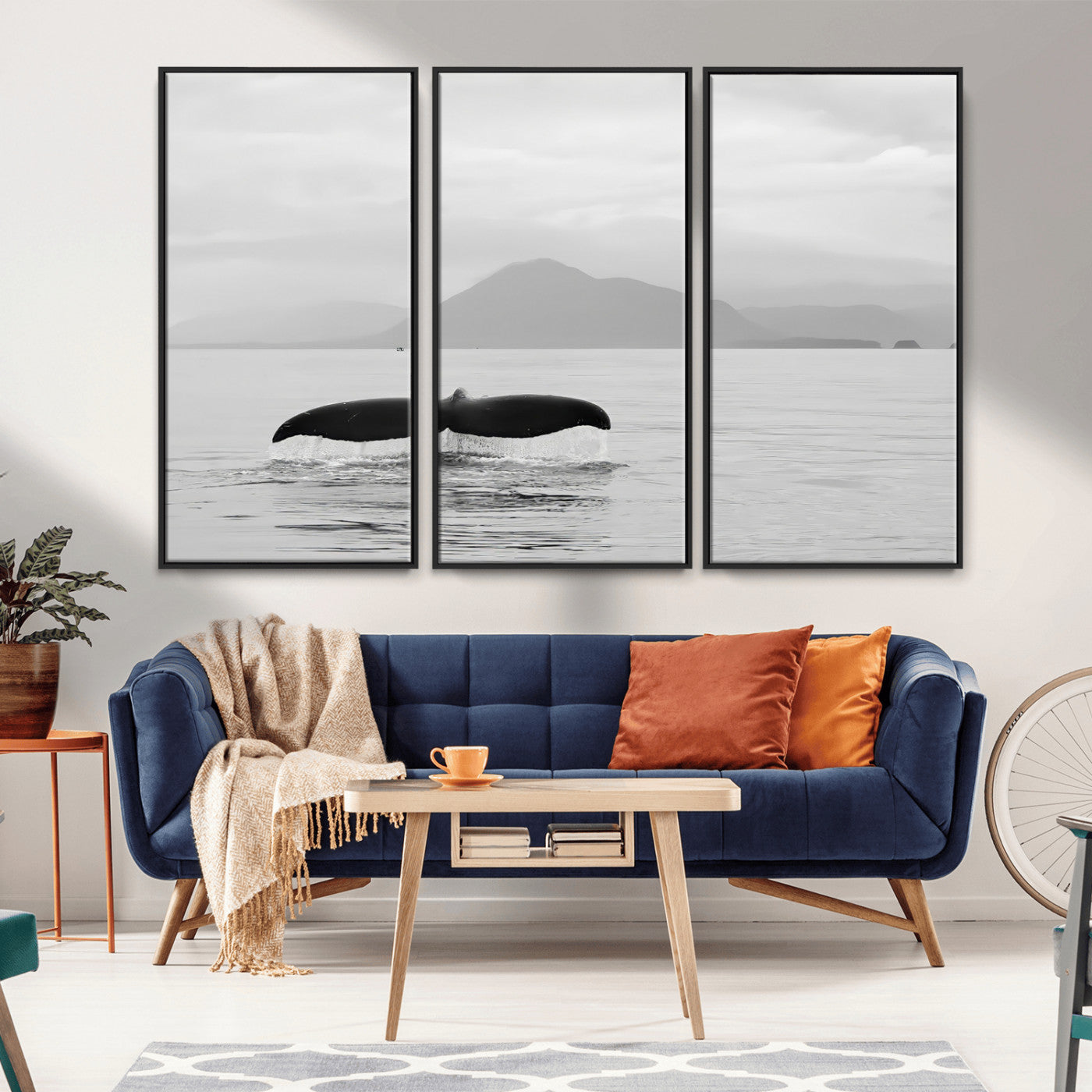30524220-MGV-CV-36X24-Whale Tail Wall Art Canvas Print, Framed Black White Ocean Art Picture Print, Calm Marine Perfect Minimalist Coastal Decor Artwork