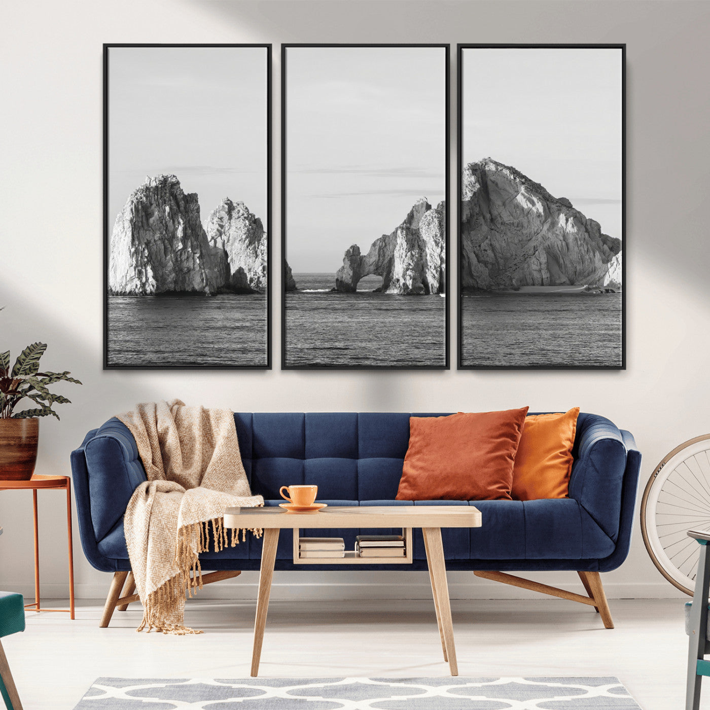 18810731-MGV-CV-36X24-Rugged Coastline Wall Art Canvas Print, Framed Ocean Cliffs Art Picture Print, Monochrome Seascape Perfect Coastal Minimalist