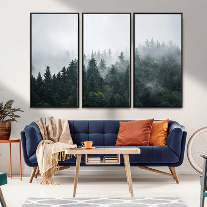 84146572-MGV-CV-36X24-Foggy Pine Trees Wall Art Canvas Print, Framed Forest Nature Art Picture Print, Evergreen Forest Perfect Scandinavian Minimalist