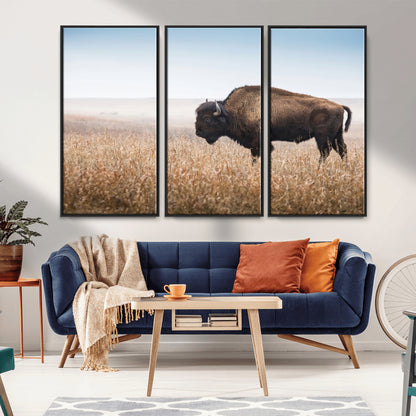 99620201-MGV-FC-48X32-3P_Black-Wild Bison Wall Art Canvas Print, Framed Bison in Prairie Art Picture Print, Rustic Western Perfect Rustic Western Decor Artwork