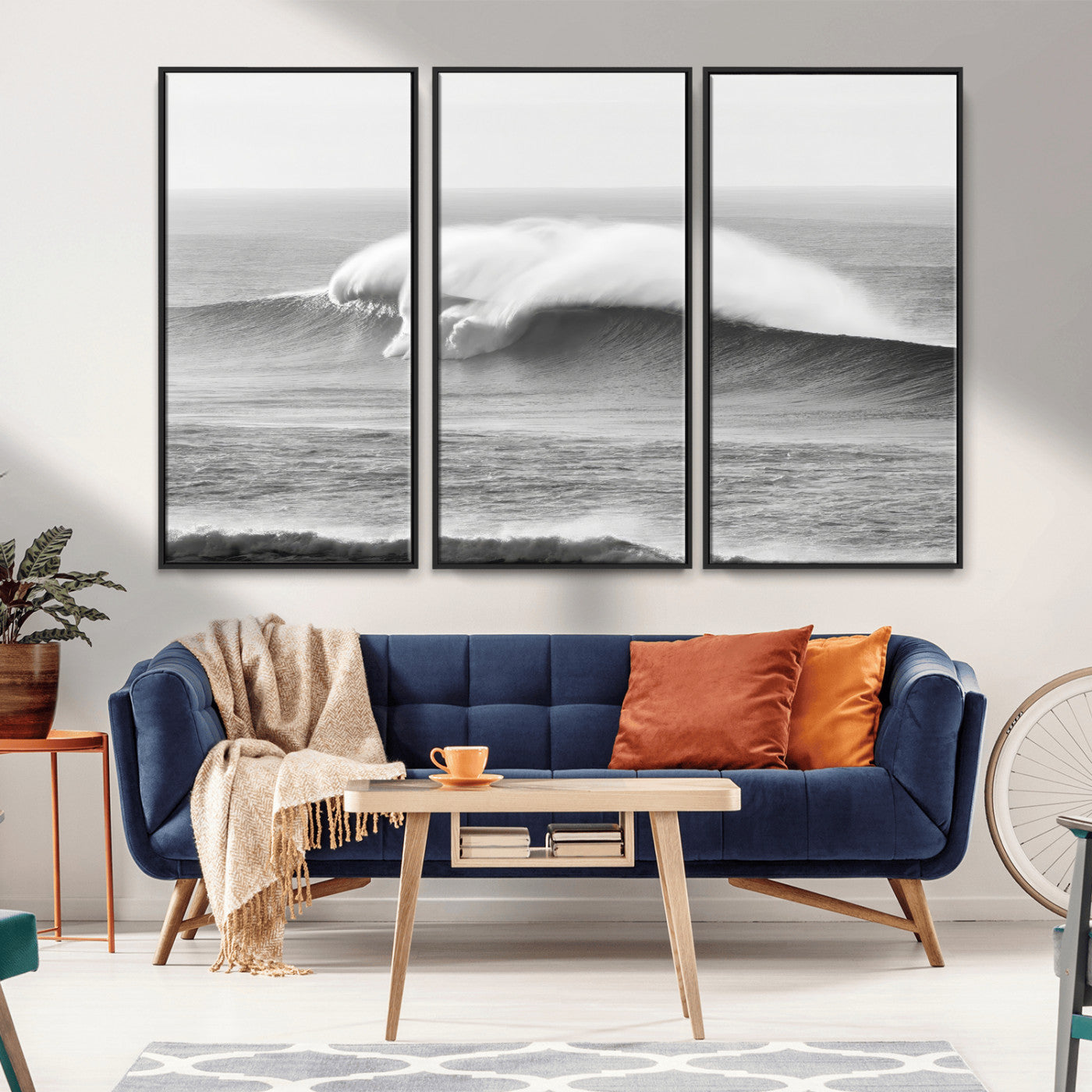 42544082-MGV-FC-48X32-3P_Black-Monochrome Seascape Wall Art Canvas Print, Framed Surf Wave Art Picture Print, Minimalist Ocean Perfect Moody Coastal Decor