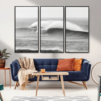 42544082-MGV-FC-48X32-3P_Black-Monochrome Seascape Wall Art Canvas Print, Framed Surf Wave Art Picture Print, Minimalist Ocean Perfect Moody Coastal Decor