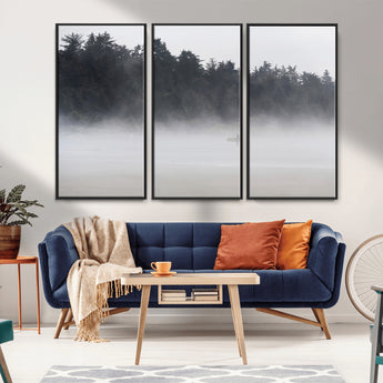 59703275-MGV-FC-48X32-3P_Black-Surfer in Fog Wall Art Canvas Print, Framed Foggy Beach Art Picture Print, Coastal Surf Perfect Moody Coastal Decor Artwork