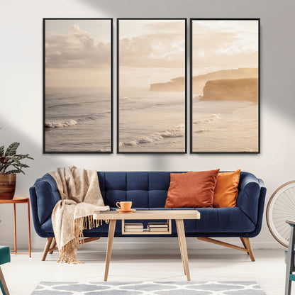 57669769-MGV-FC-48X32-3P_Black-Misty Coastal Wall Art Canvas Print, Framed Golden Sunset Art Picture Print, Serene Shoreline Perfect Tranquil Coastal Decor