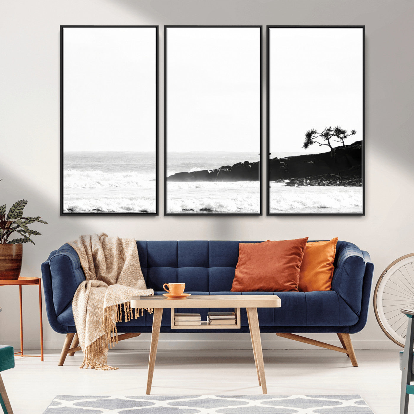 40875891-MGV-FC-48X32-3P_Black-SurferCliffs Wall Art Canvas Print, Framed Black White Beach Art Picture Print, Ocean Waves Perfect Minimalist Coastal Decor