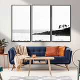 40875891-MGV-CV-36X24-SurferCliffs Wall Art Canvas Print, Framed Black White Beach Art Picture Print, Ocean Waves Perfect Minimalist Coastal Decor