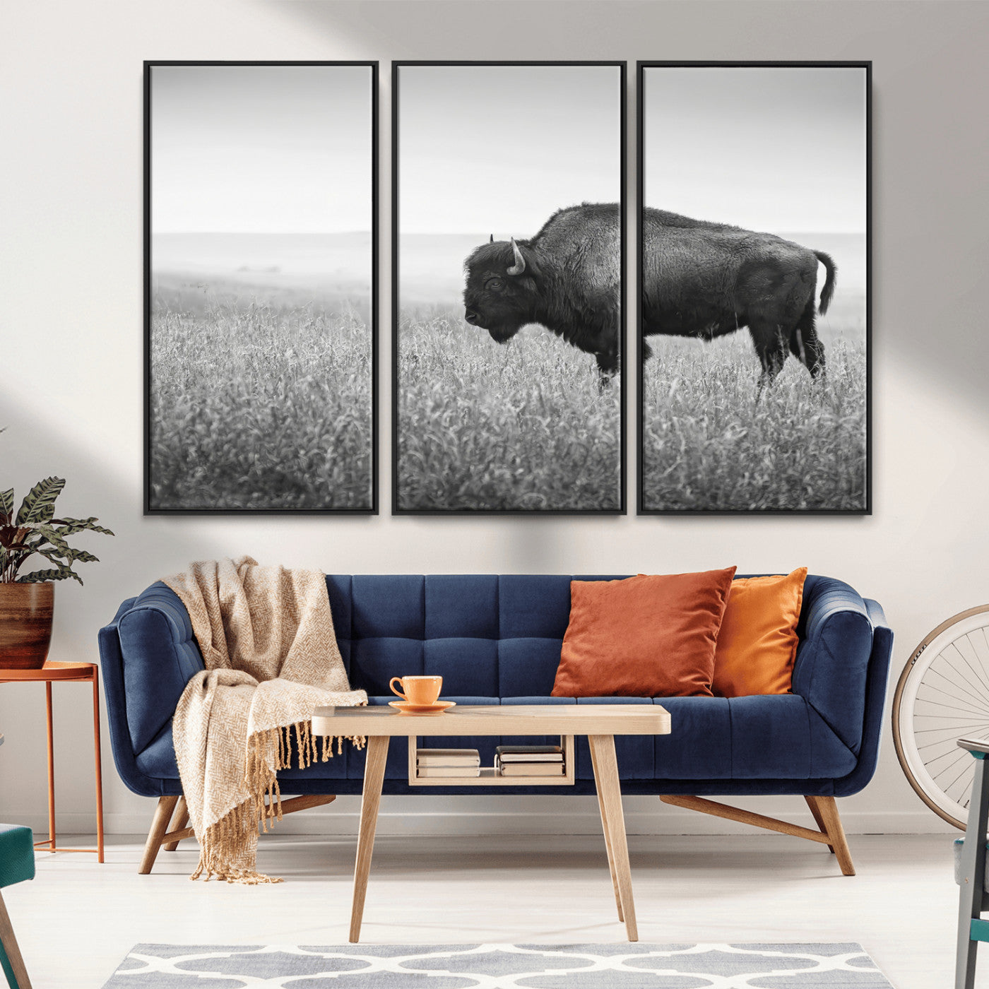 28435251-MGV-FC-48X32-3P_Black-Bison In Prairie Wall Art Canvas Print, Framed Rustic Wildlife Art Picture Print, Wild Buffalo Perfect Rustic Western Decor