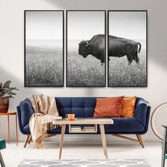 28435251-MGV-CV-36X24-Bison In Prairie Wall Art Canvas Print, Framed Rustic Wildlife Art Picture Print, Wild Buffalo Perfect Rustic Western Decor