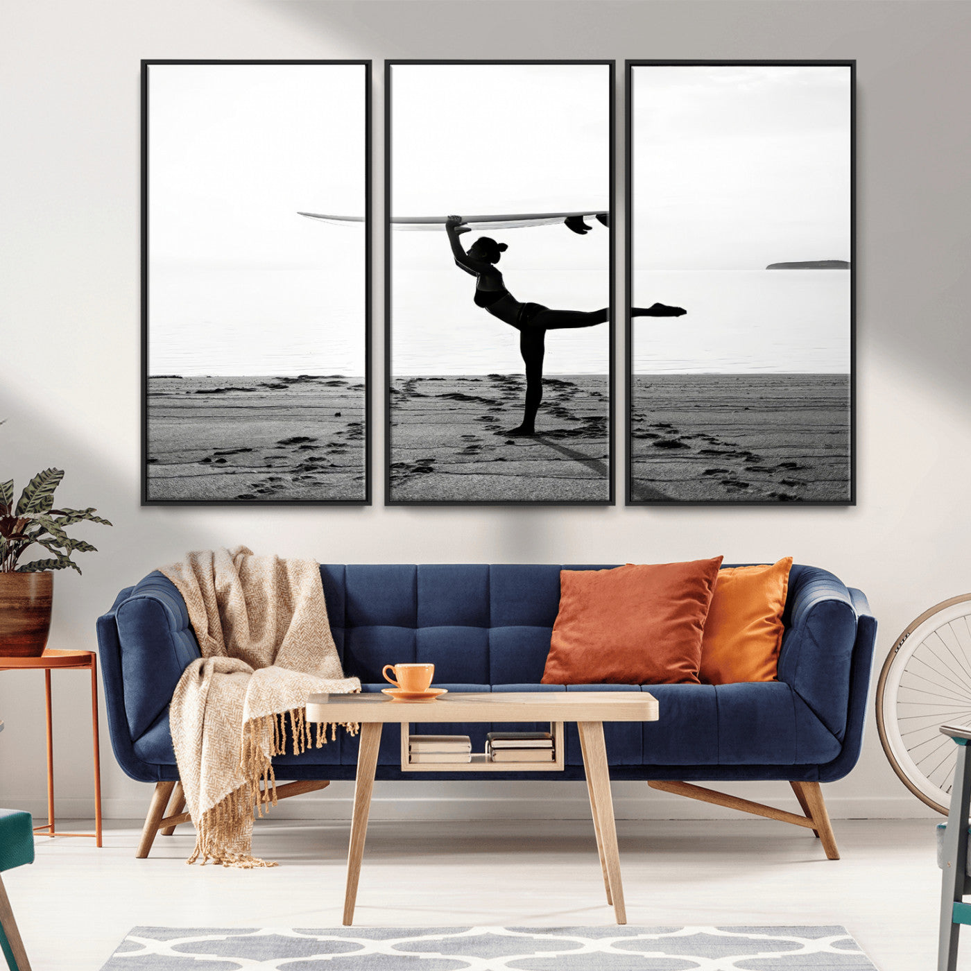 28441356-MGV-FC-48X32-3P_Black-Yoga Surf Wall Art Canvas Print, Framed Black White Shore Art Picture Print, Peaceful Ocean Perfect Minimalist Coastal Decor