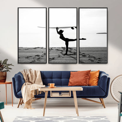 28441356-MGV-FC-48X32-3P_Black-Yoga Surf Wall Art Canvas Print, Framed Black White Shore Art Picture Print, Peaceful Ocean Perfect Minimalist Coastal Decor