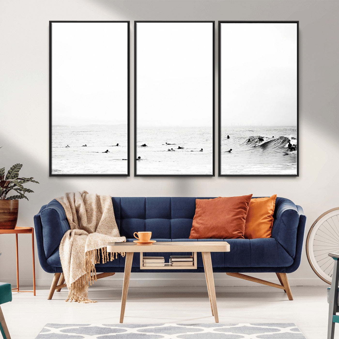 38441169-MGV-FC-48X32-3P_Black-Monochrome Swimming Wall Art Canvas Print, Framed Ocean Horizon Art Picture Print, Moody Coastal Perfect Minimalist Coastal Decor