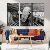 32353707-MGV-FC-48X32-3P_Black-Black White Surfing Wall Art Canvas Print, Framed Coastal Surfing Art Picture Print, Wave Riders Perfect Coastal Adventure Decor