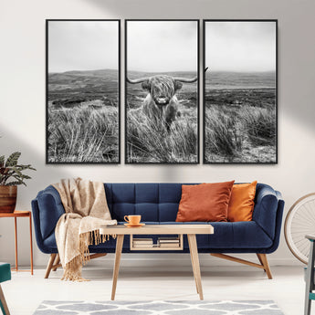24051061-MGV-FC-48X32-3P_Black-Monochrome Highland Cow Wall Art Canvas Print, Framed Scottish Bull Art Picture Print, Lone Cattle Perfect Rustic Farmhouse Decor