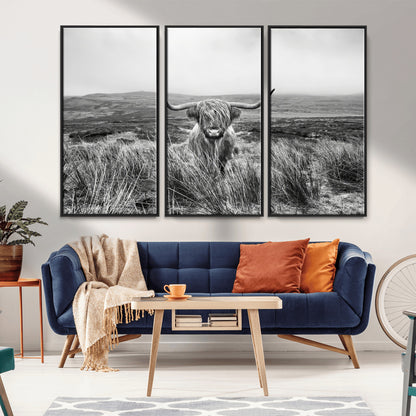 24051061-MGV-FC-48X32-3P_Black-Monochrome Highland Cow Wall Art Canvas Print, Framed Scottish Bull Art Picture Print, Lone Cattle Perfect Rustic Farmhouse Decor