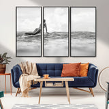 69798068-MGV-FC-48X32-3P_Black-Black White Surfing Wall Art Canvas Print, Framed Ocean Horizon Art Picture Print, Surfer Girl Perfect Coastal Adventure Decor