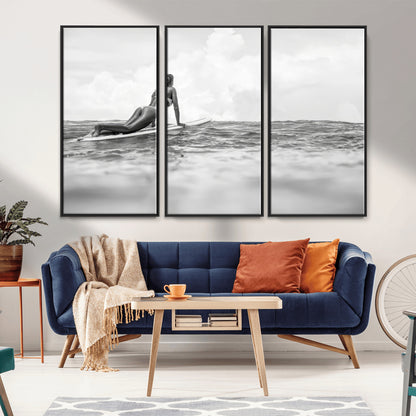 69798068-MGV-CV-36X24-Black White Surfing Wall Art Canvas Print, Framed Ocean Horizon Art Picture Print, Surfer Girl Perfect Coastal Adventure Decor