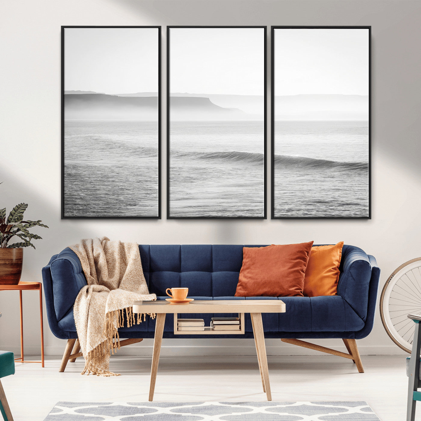 60635783-MGV-FC-48X32-3P_Black-Black White Seascape Wall Art Canvas Print, Framed Ocean Waves Art Picture Print, Misty Coastal Perfect Minimalist Coastal Decor