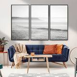 60635783-MGV-FC-48X32-3P_Black-Black White Seascape Wall Art Canvas Print, Framed Ocean Waves Art Picture Print, Misty Coastal Perfect Minimalist Coastal Decor