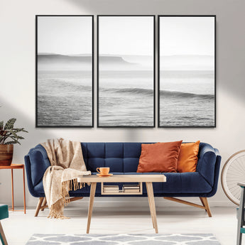 60635783-MGV-FC-48X32-3P_Black-Black White Seascape Wall Art Canvas Print, Framed Ocean Waves Art Picture Print, Misty Coastal Perfect Minimalist Coastal Decor