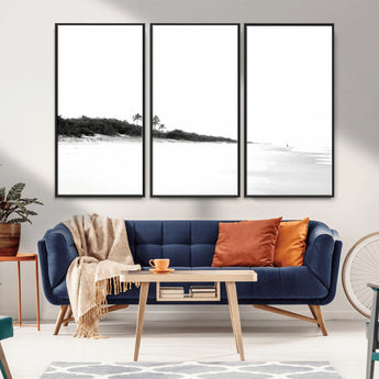 29611516-MGV-CV-36X24-Black White Beach Wall Art Canvas Print, Framed Palm Trees Art Picture Print, Monochrome Tropical Perfect Minimalist Coastal Decor