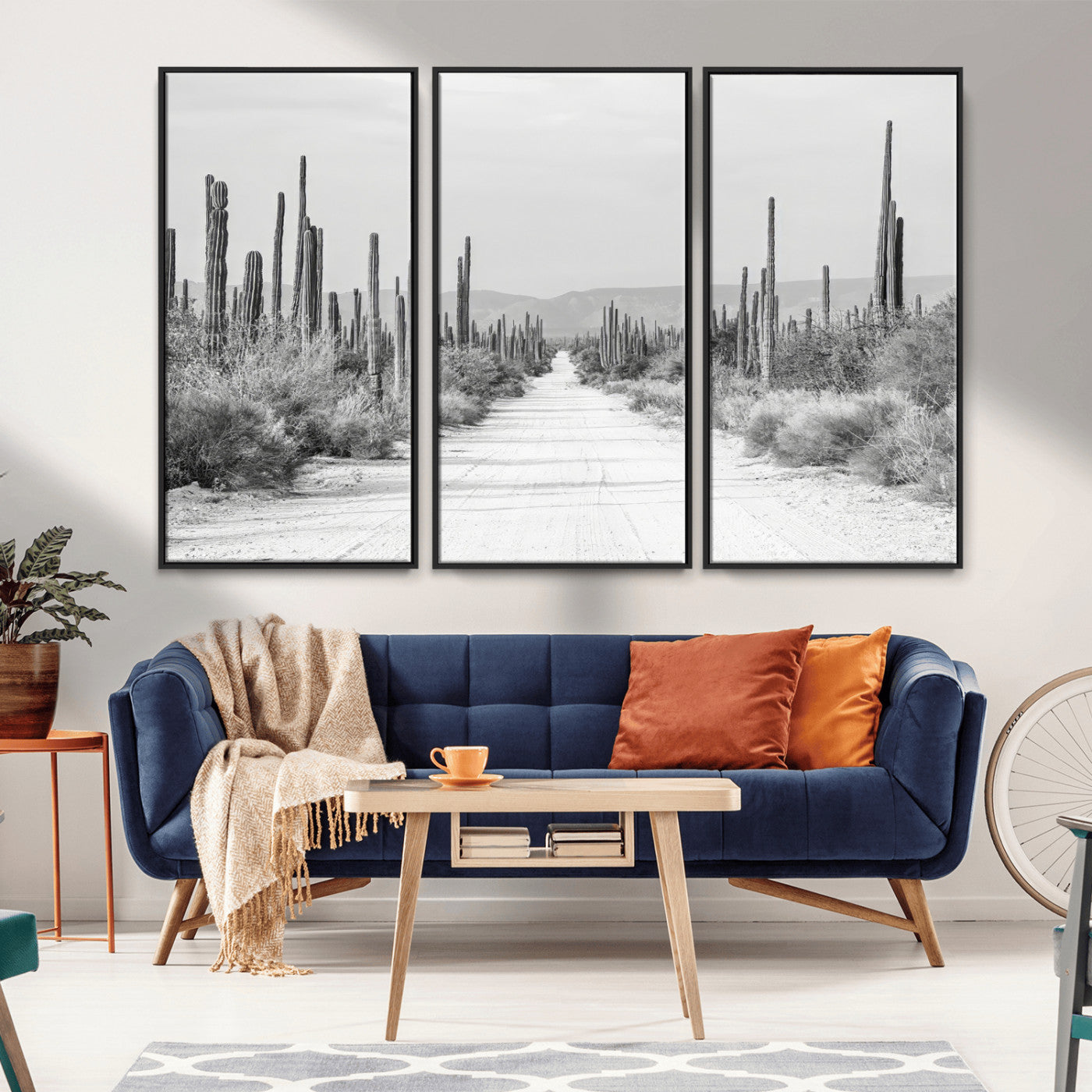 35537313-MGV-FC-48X32-3P_Black-Monochrome Desert Wall Art Canvas Print, Framed Cactus Path Art Picture Print, Southwestern Landscape Perfect Southwestern