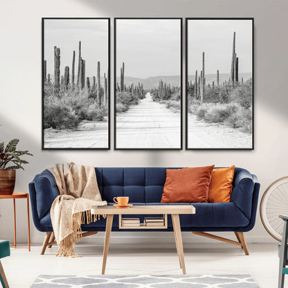 35537313-MGV-CV-36X24-Monochrome Desert Wall Art Canvas Print, Framed Cactus Path Art Picture Print, Southwestern Landscape Perfect Southwestern