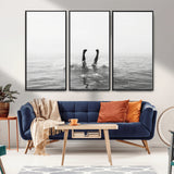 26667396-MGV-CV-36X24-Black White Ocean Wall Art Canvas Print, Framed Monochrome Water Art Picture Print, Diving into Water Perfect Minimalist Aquatic