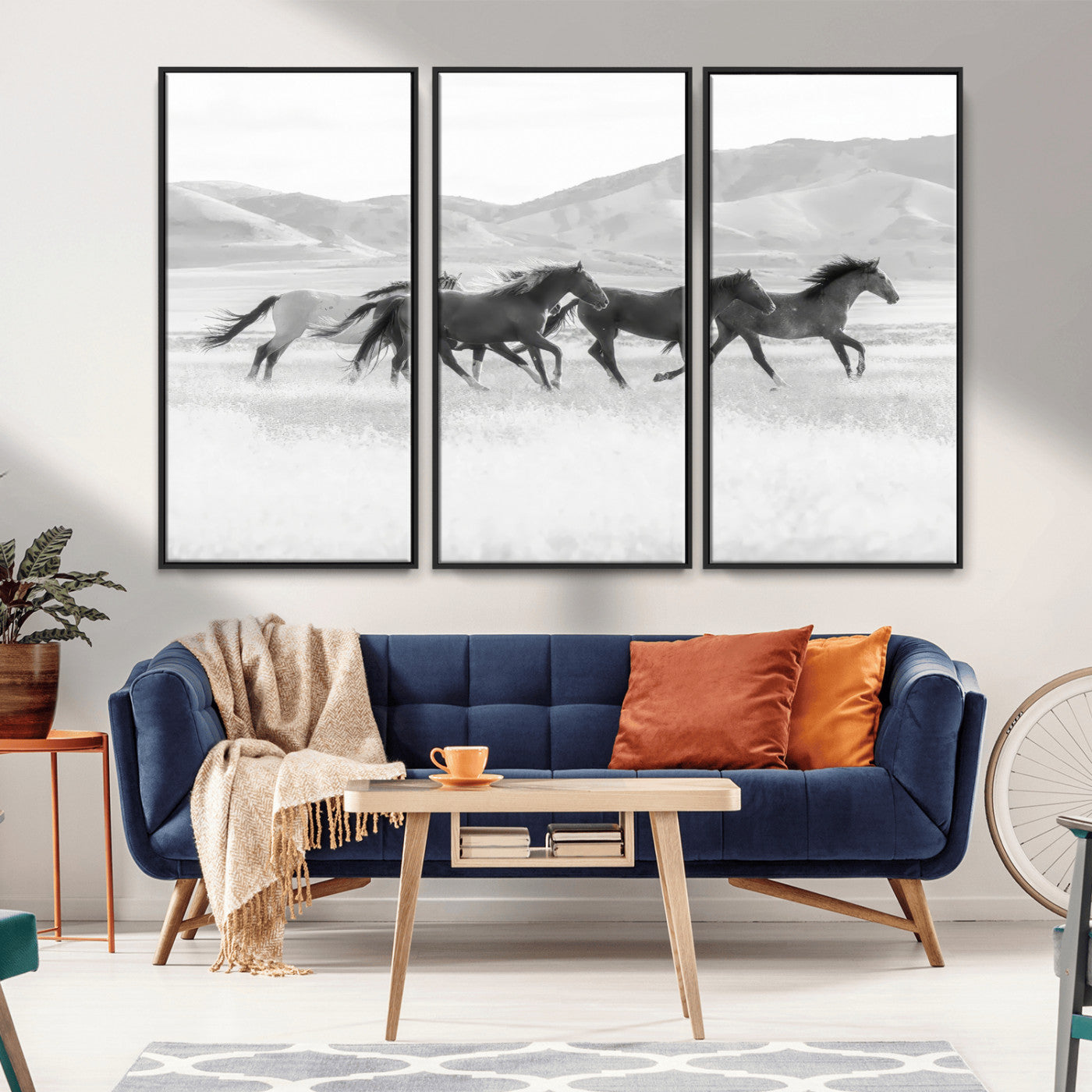 69934913-MGV-FC-48X32-3P_Black-Wild Horses Running Wall Art Canvas Print, Framed Black White Mustangs Art Picture Print, Rustic Western Perfect Rustic Western