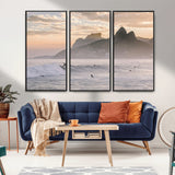 70644906-MGV-CV-36X24-Sunset Surfing Wall Art Canvas Print, Framed Misty Mountains Art Picture Print, Surfer Riding Wave Perfect Coastal Adventure Decor