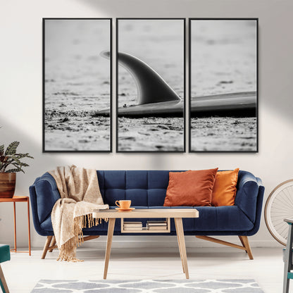 62314230-MGV-CV-36X24-Black White Surfboard Wall Art Canvas Print, Framed Minimalist Beach Art Picture Print, Surf Fin Perfect Minimalist Coastal Decor