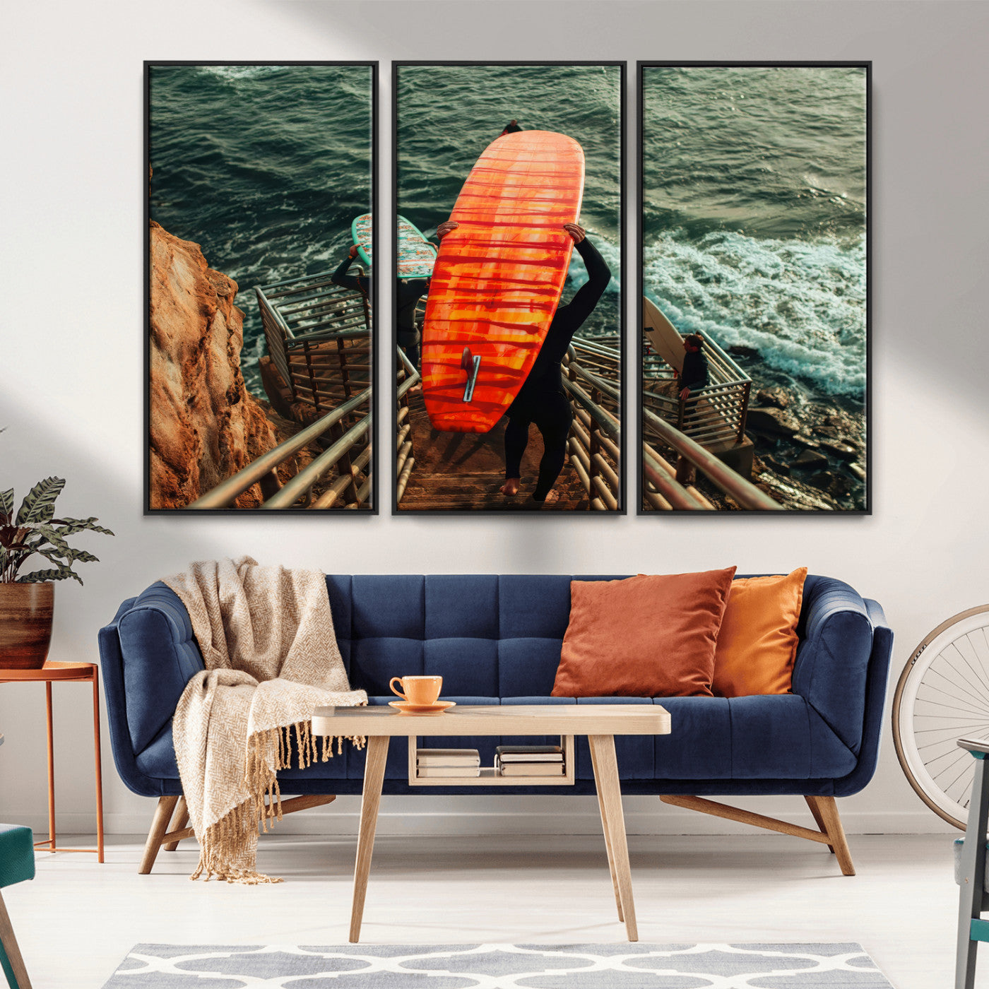 84555848-MGV-FC-48X32-3P_Black-Surfer Stairway Wall Art Canvas Print, Framed Ocean Surf Art Picture Print, Sunset Coastal Perfect Coastal Adventure Decor Artwork