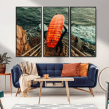84555848-MGV-FC-48X32-3P_Black-Surfer Stairway Wall Art Canvas Print, Framed Ocean Surf Art Picture Print, Sunset Coastal Perfect Coastal Adventure Decor Artwork