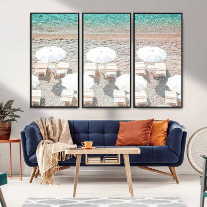 83736167-MGV-FC-48X32-3P_Black-Calm Beach Wall Art Canvas Print, Framed Turquoise Water Art Picture Print, Umbrella Shoreline Perfect Coastal Minimalist Decor