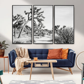 88164251-MGV-FC-48X32-3P_Black-Joshua Tree Wall Art Canvas Print, Framed Desert Path Art Picture Print, Monochrome Desert Perfect Minimalist Desert Decor Artwork