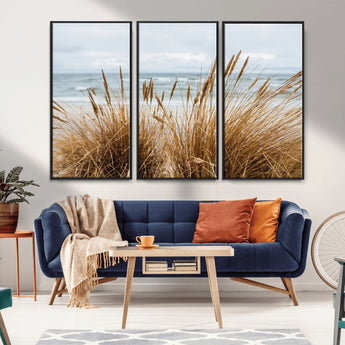 14270839-MGV-FC-48X32-3P_Black-Beach Grass Wall Art Canvas Print, Framed Coastal Dunes Art Picture Print, Dune Grass Perfect Coastal Minimalist Decor Artwork