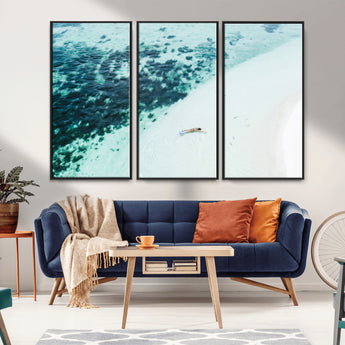 33764764-MGV-FC-48X32-3P_Black-Minimal Beach Wall Art Canvas Print, Framed Ocean Swimming Art Picture Print, Clear Ocean Perfect Minimal Coastal Decor Artwork