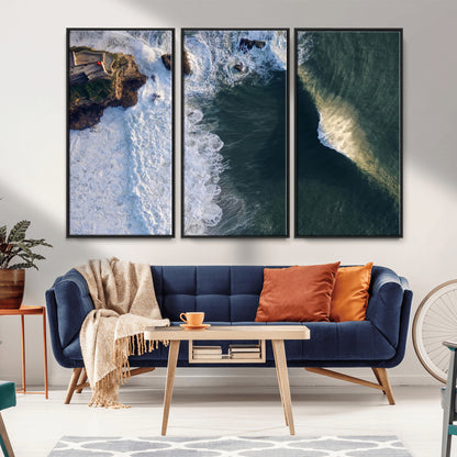 37405684-MGV-FC-48X32-3P_Black-Nazare Coast Wall Art Canvas Print, Framed Aerial Ocean Art Picture Print, Coastal Fortress Perfect Dramatic Coastal Decor Artwork